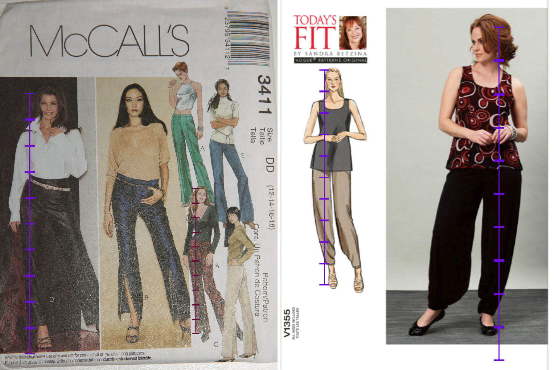 Sewing Pattern fronts with overlay of head measurement illustrating the number of heads high each model is.