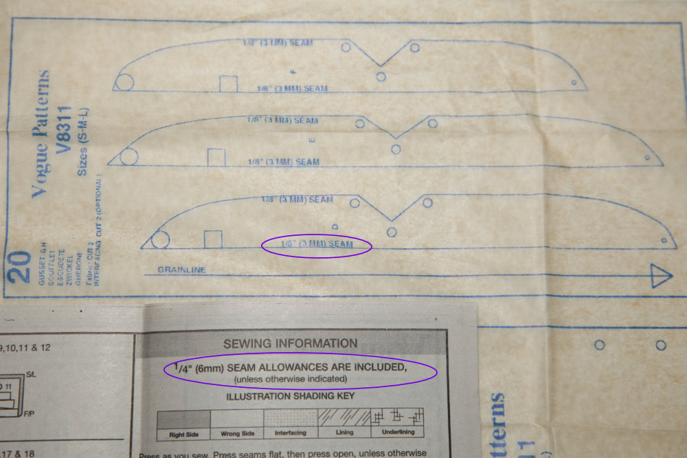 Picture with seam allowance in instructions and different seam allowance written on the pattern piece