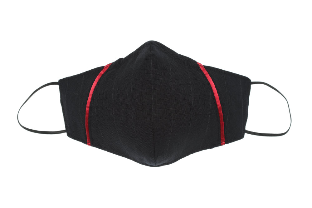 Black Pinstripe Face Mask with red satin piping
