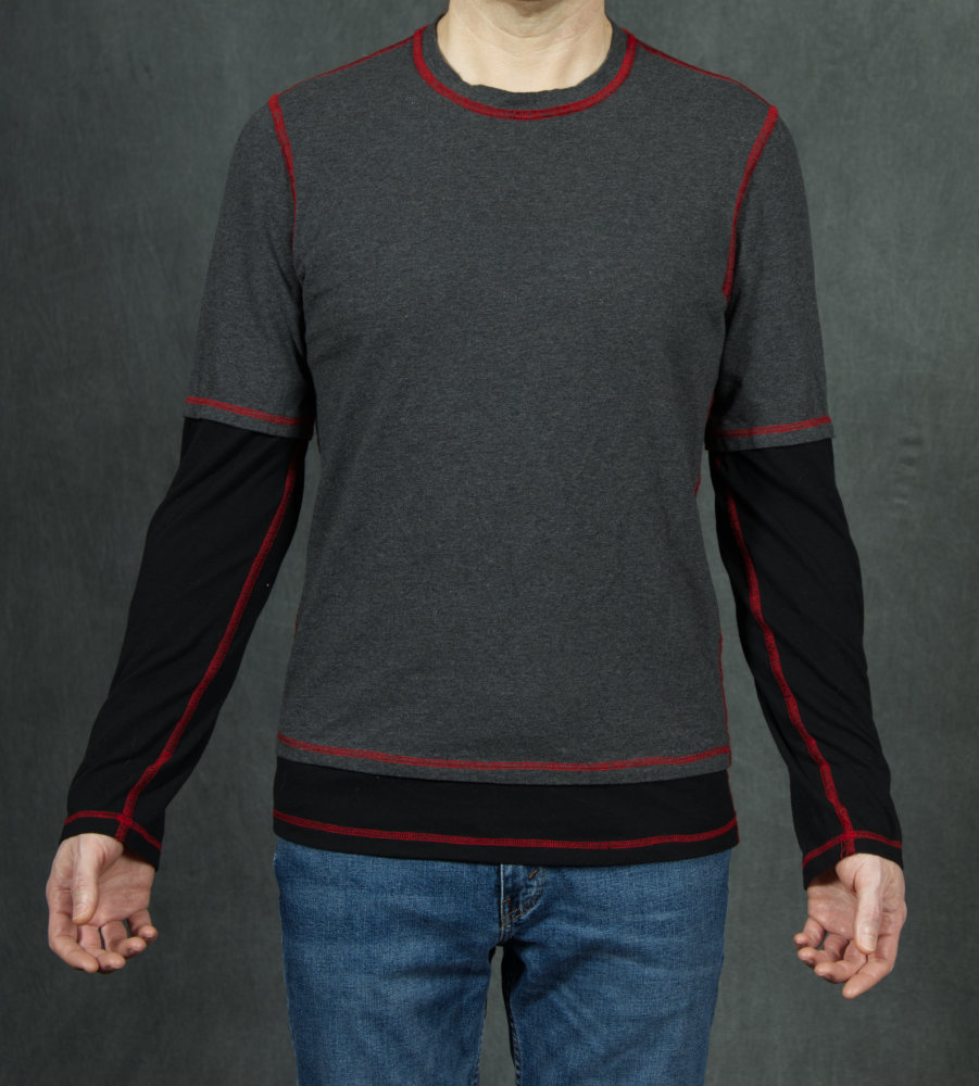Grey and Black fitted t-shirt with red stitches.