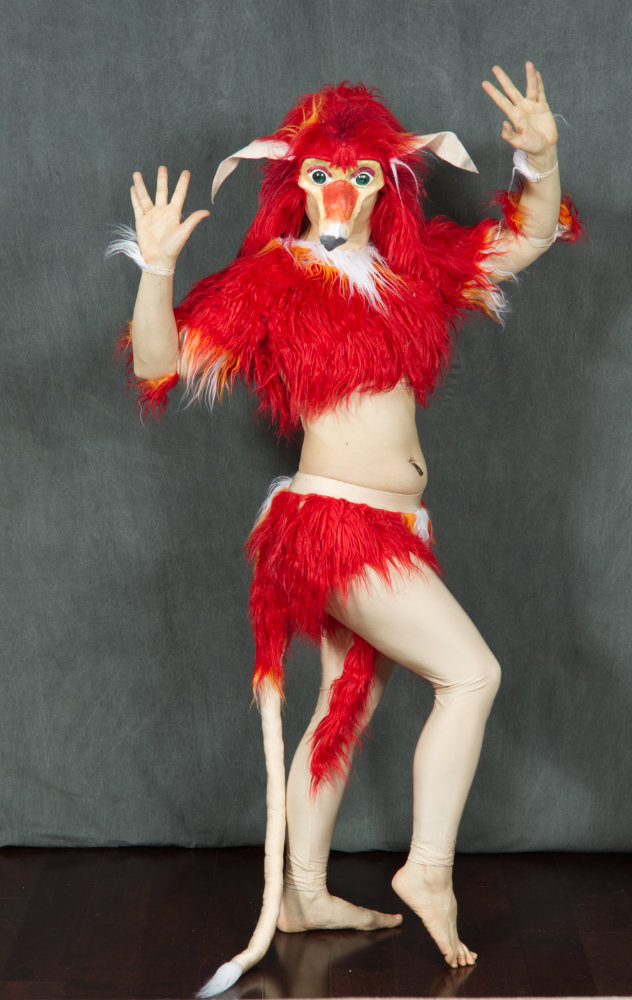 Firey Side 0108 a belly dance cosutme made to look like a Firey from the movie Labyrinth. The bottoms are made from a basic legging pattern.