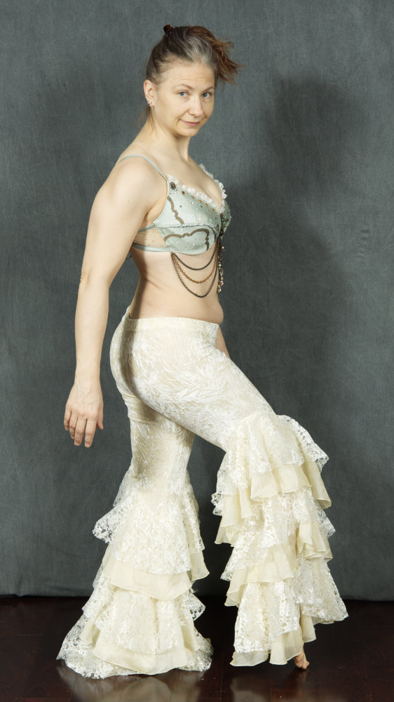 Ruffle Side 0114 velvet ruffle belly dance pants made custom from a basic leggings pattern